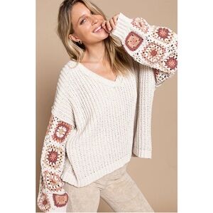 POL Granny Square Crochet V-Neck Chenille Oversized Sweater